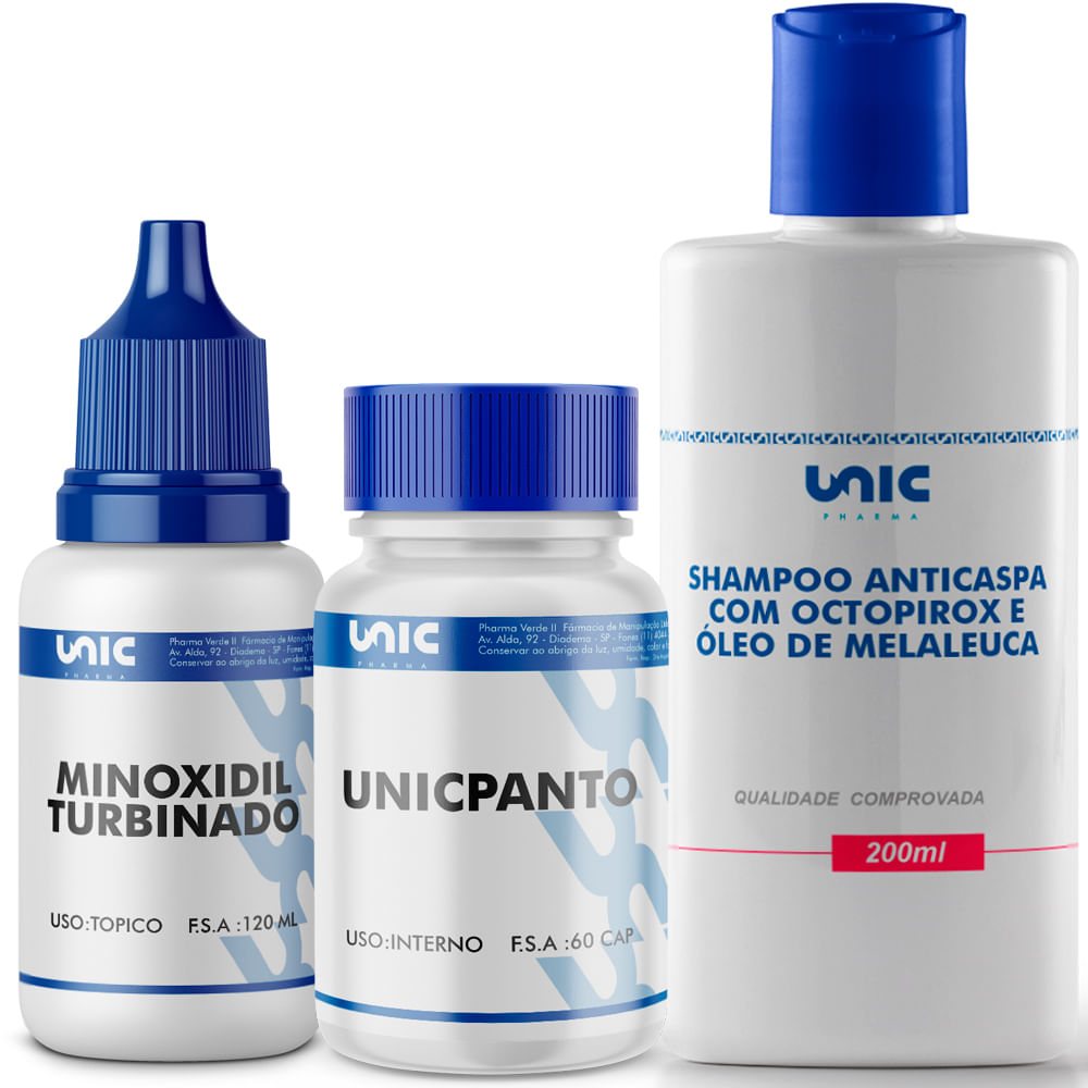 minoxidil turbinado 120ml + unicpanto 60Cp e shampoo anti caspa 200ml