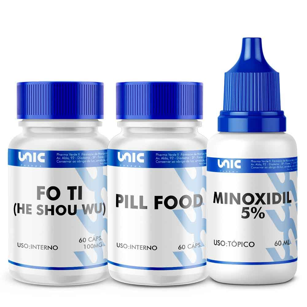 Kit Minoxidil 5% + Fo-ti 60Caps + Pill food 60Caps