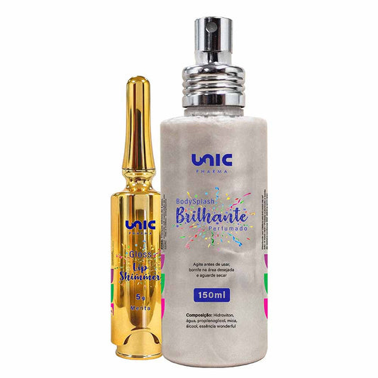 Kit Gloss Lip Shimmer  5g + Body Splash Brilhante Prata 150ml