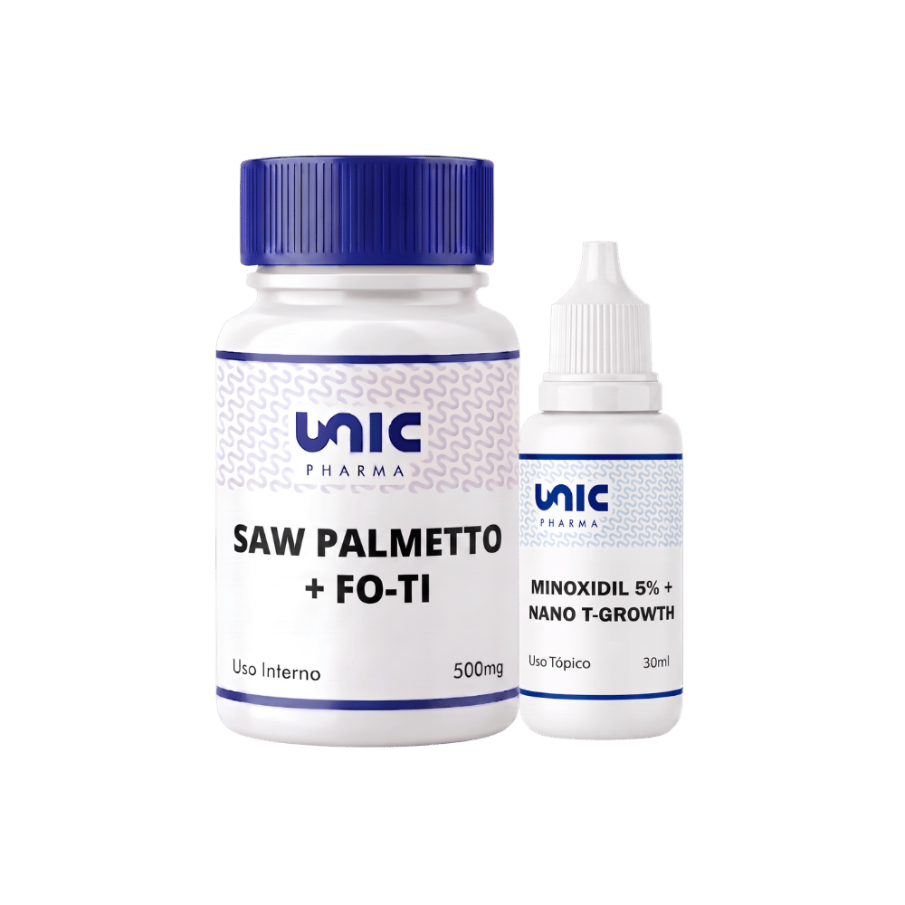 Minoxidil 5% + Nano T-Growth (30Ml) + Saw Palmetto+ Fo-Ti - 30 Cápsulas