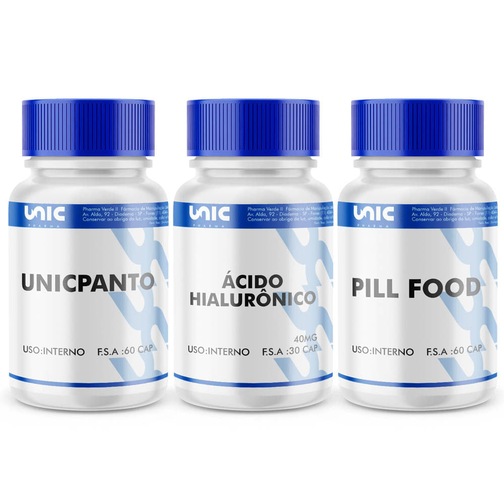 kit beleza - Unicpanto 60 Caps + Pill Food 60 Caps + Ácido Hialurônico 40mg 60 Caps